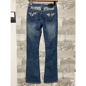 Red Rivet Medium Wash Blue Jeans Stitched Rhinestone Ladies JUNIORS 5 Pants